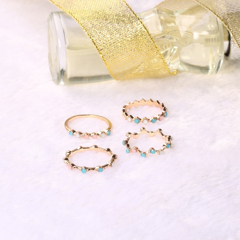Pastel Colorful Stone Beads 4-piece Gold Ring Set - Picture 2 of 6